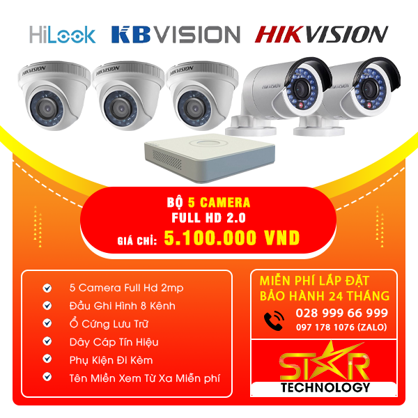 Trọn gói Bộ 5 Camera HIKVISION FULL HD 2.0MP