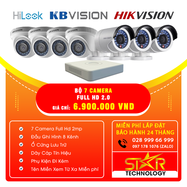 Trọn gói Bộ 7 Camera HIKVISION FULL HD 2.0MP