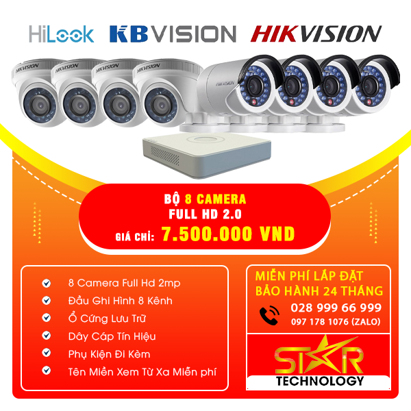 Trọn gói Bộ 8 Camera HIKVISION FULL HD 2.0MP